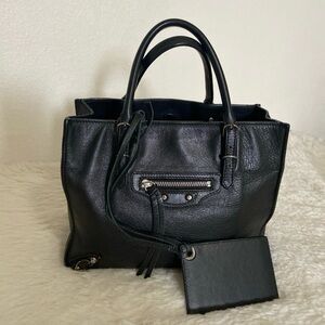 Balenciaga Black Leather Hobo with Front Zip and Card Holder